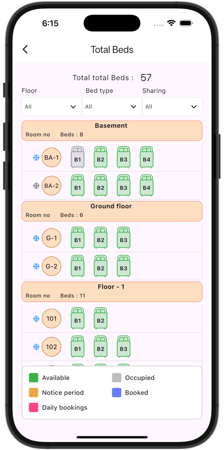 Kamer bed map: basement, ground floor and floor 1 with beds colour coded