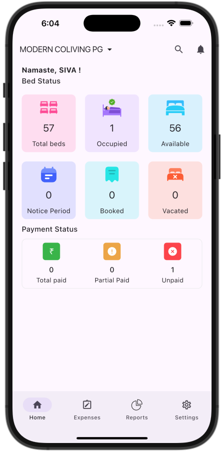 Kamer dashboard: bed status and payment status